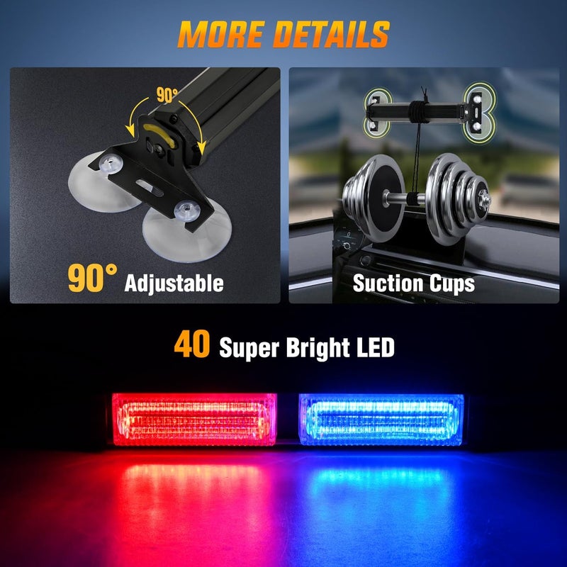 Nilight شريط ضوء تحذير الطوارئ LED 40 باللونين الأزرق والأحمر مع أكواب شفط لسيارات الشاحنات والمركبات الإنشائية - Image 2